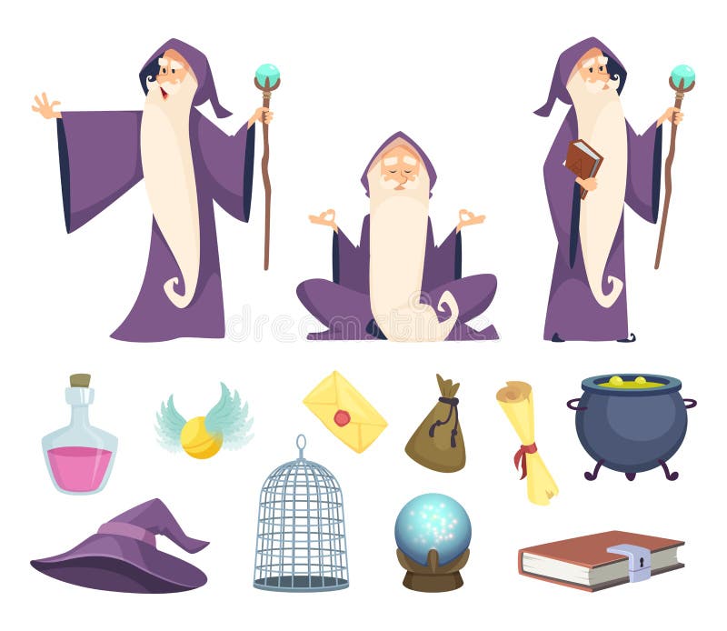 Sistema de las herramientas del mago y del carácter masculino del mago Imágenes del vector aisladas en el fondo blanco libre illustration Sistema de las herramientas del mago y del carácter masculino del mago Imágenes del vector aisladas en el fondo blanco libre illustration