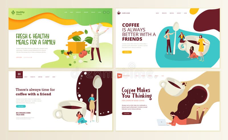 Sistema de las plantillas del diseño de la página web para el café, la barra del café, la cafetería, el restaurante, la comida sa ilustración del vector Sistema de las plantillas del diseño de la página web para el café, la barra del café, la cafetería, el restaurante, la comida sa ilustración del vector