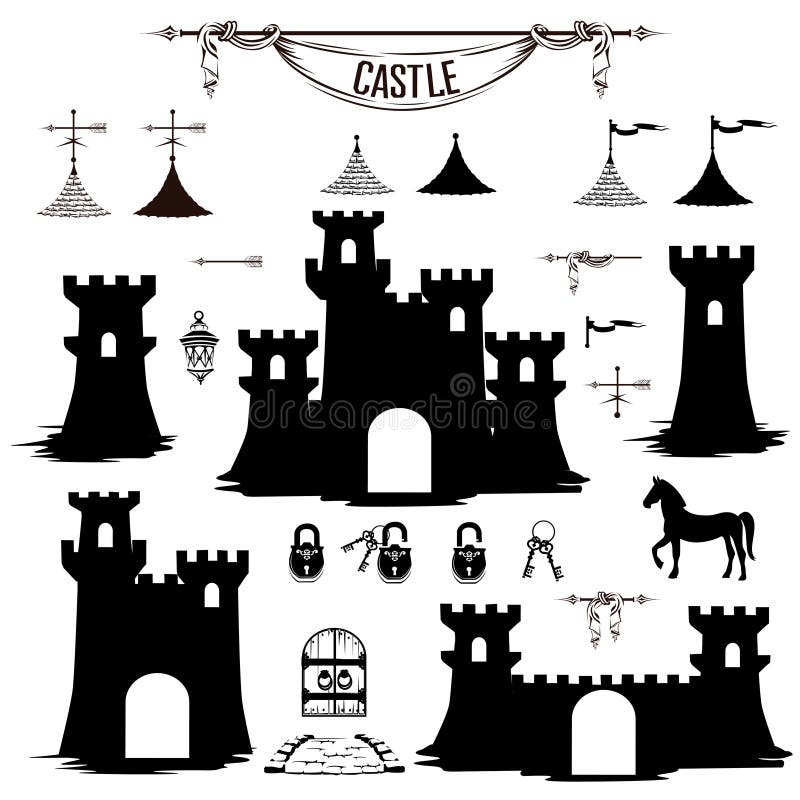 Sistema de las siluetas de las torres del castillo stock de ilustración Sistema de las siluetas de las torres del castillo stock de ilustración