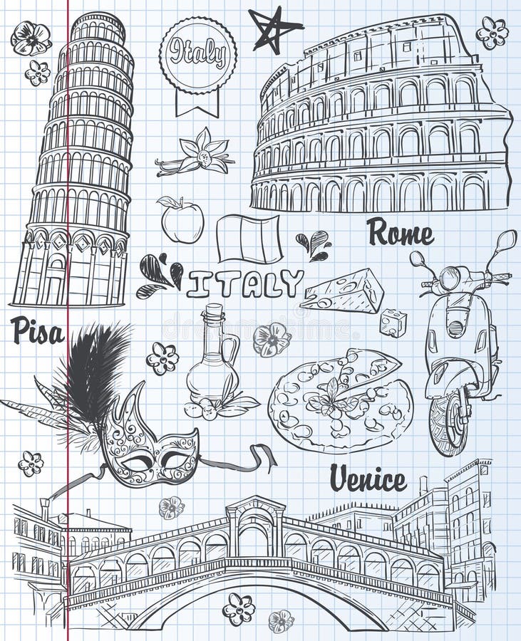 Sistema de las vistas en Italia, arquitectura, comida, transporte, artículos Contorno negro libre illustration Sistema de las vistas en Italia, arquitectura, comida, transporte, artículos Contorno negro libre illustration