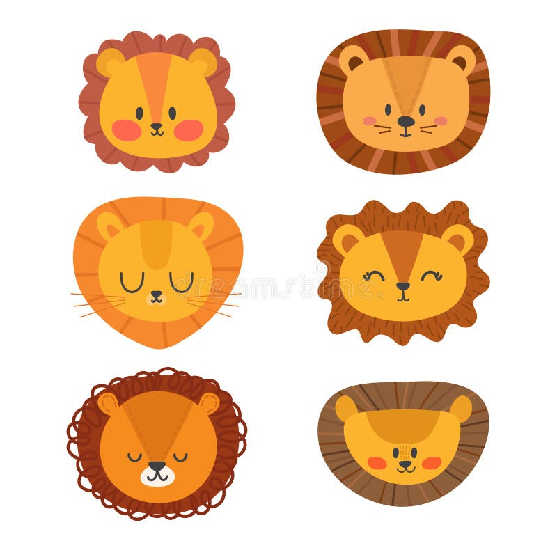 Sistema de leones lindos Animales divertidos del garabato Pequeño león en estilo de la historieta