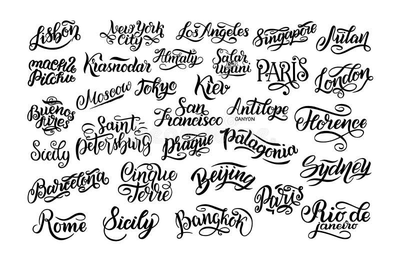 Sistema de letras de la mano Las ciudades más grandes en el mundo Kiev, Almaty, Londres, Lisboa, París, Tokio, Moscú, Nueva York, stock de ilustración Sistema de letras de la mano Las ciudades más grandes en el mundo Kiev, Almaty, Londres, Lisboa, París, Tokio, Moscú, Nueva York, stock de ilustración