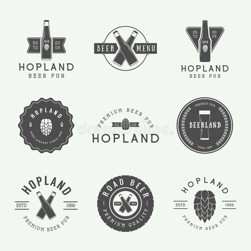 Set of vintage beer and pub logos, labels and emblems with bottles, hops, wheat and design elements. Vector Illustration. Set of vintage beer and pub logos, labels and emblems with bottles, hops, wheat and design elements. Vector Illustration