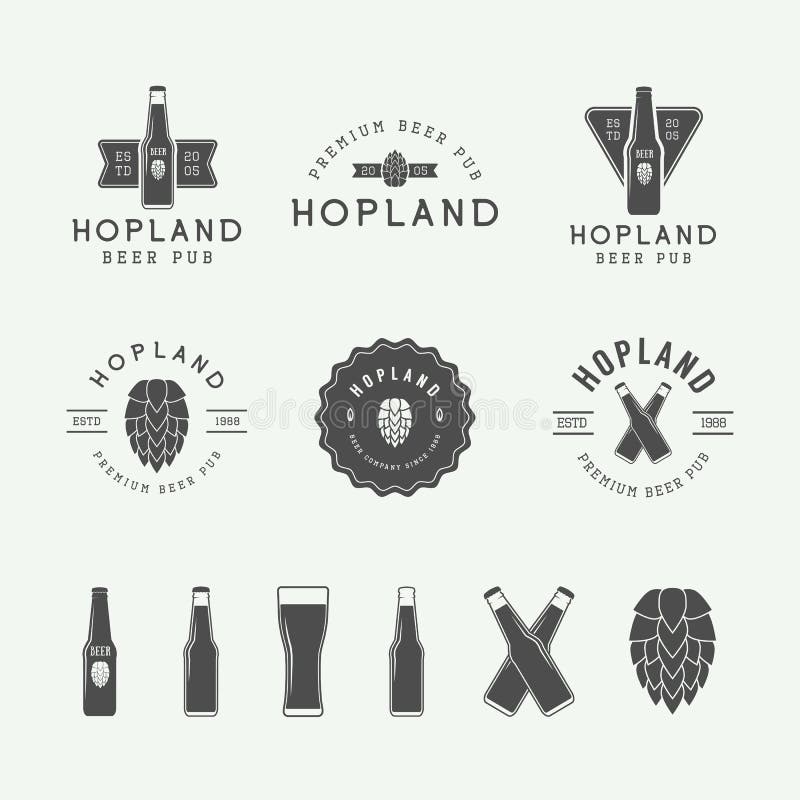 Set of vintage beer and pub logos, labels and emblems with bottles, hops, and wheat. Vector Illustration. Set of vintage beer and pub logos, labels and emblems with bottles, hops, and wheat. Vector Illustration