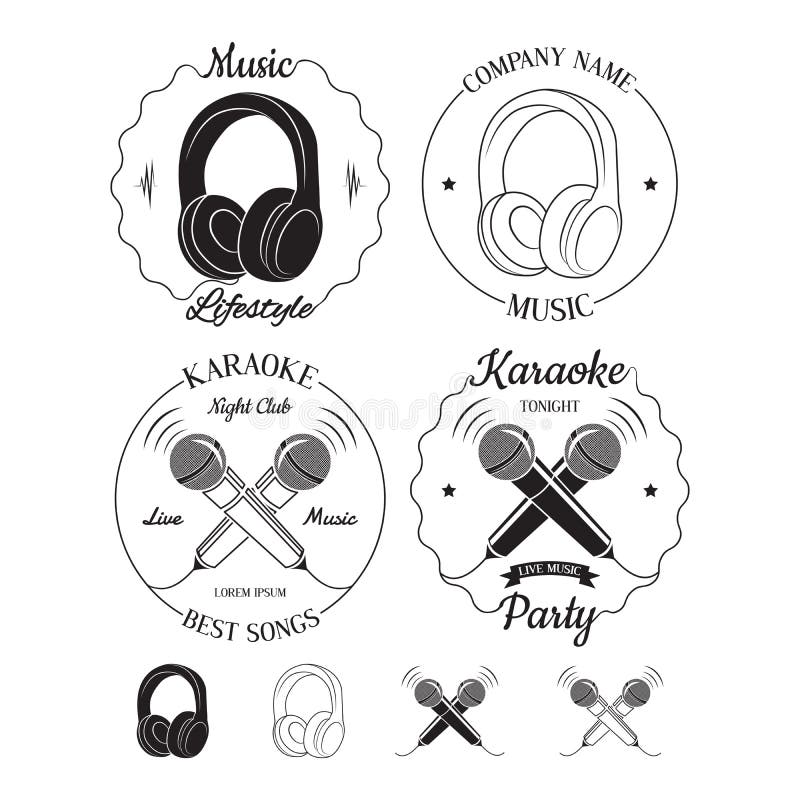 Sistema de logotipos de la música y del Karaoke, de etiquetas, de insignias y de elementos del diseño ilustración del vector Sistema de logotipos de la música y del Karaoke, de etiquetas, de insignias y de elementos del diseño ilustración del vector