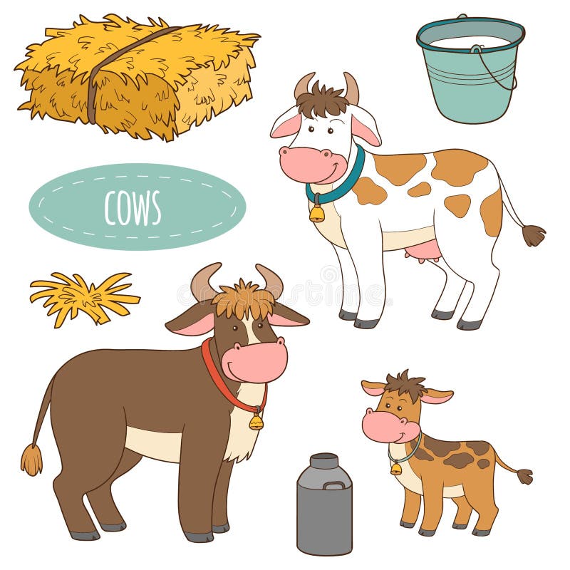 Sistema de los animales del campo y de los objetos, vacas de la familia del vector