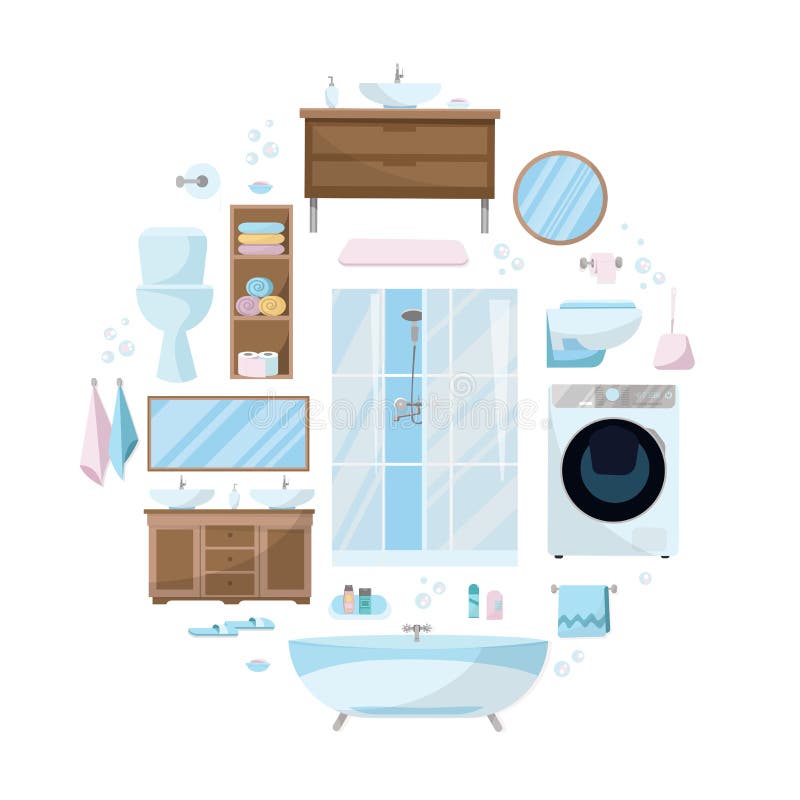 Sistema de los art?culos de tocador de muebles, de saneamiento, de equipo y de art?culos de la higiene para el cuarto de ba?o Com libre illustration Sistema de los art?culos de tocador de muebles, de saneamiento, de equipo y de art?culos de la higiene para el cuarto de ba?o Com libre illustration