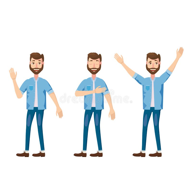 Sistema de los caracteres barbudos jovenes, emociones alegría, felicidad, placer, movimiento, estilo de la historieta, vector, ej stock de ilustración Sistema de los caracteres barbudos jovenes, emociones alegría, felicidad, placer, movimiento, estilo de la historieta, vector, ej stock de ilustración