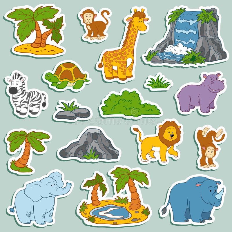 Sistema de los diversos animales lindos, etiquetas engomadas del vector de los animales del safari stock de ilustración Sistema de los diversos animales lindos, etiquetas engomadas del vector de los animales del safari stock de ilustración