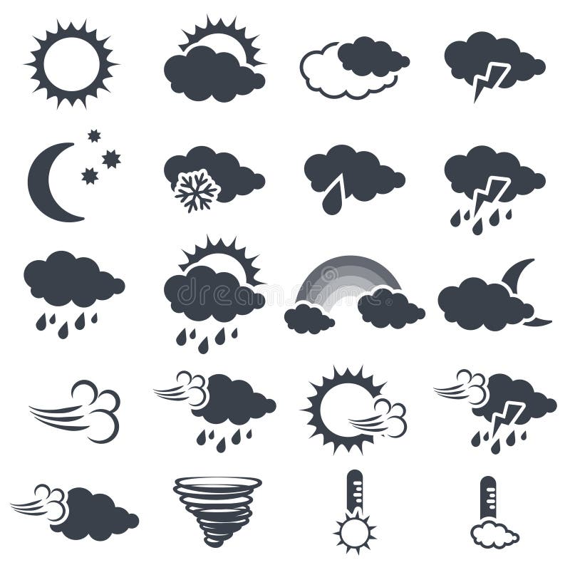 Sistema de los diversos símbolos de tiempo gris oscuro, elementos del pronóstico - icono del sol, nube, lluvia, luna, nieve, vien stock de ilustración