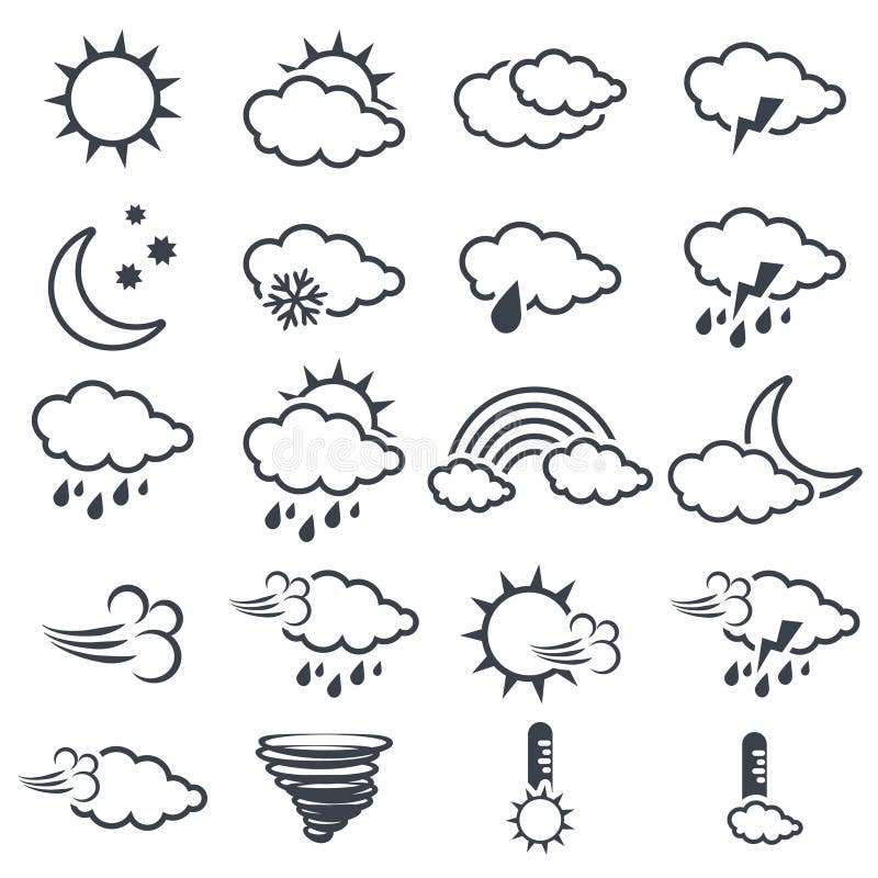 Sistema de los diversos símbolos de tiempo gris oscuro, elementos del pronóstico, línea diseño stock de ilustración