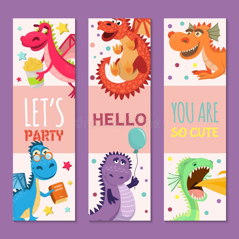 Sistema de los dragones del bebé del ejemplo del vector de las banderas del cumpleaños o de la invitación Dragones que se sientan stock de ilustración Sistema de los dragones del bebé del ejemplo del vector de las banderas del cumpleaños o de la invitación Dragones que se sientan stock de ilustración