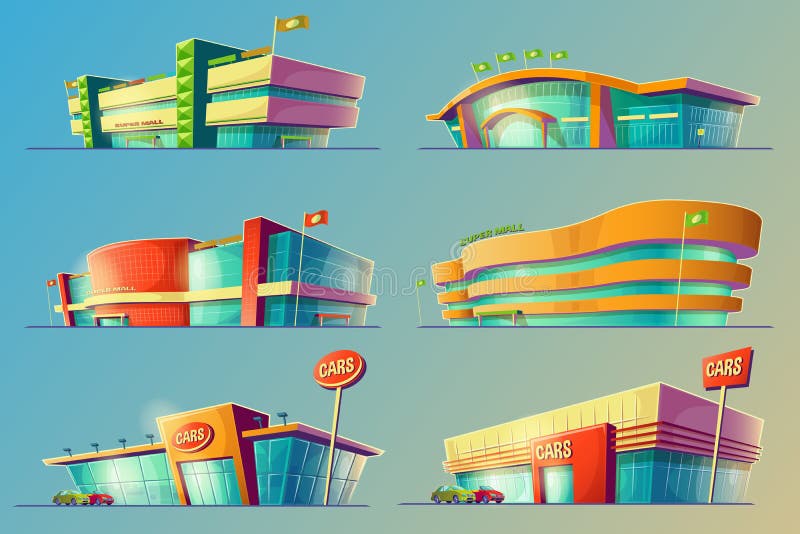Sistema de los ejemplos de la historieta del vector, diversos edificios del supermercado, tiendas, alamedas grandes, tiendas ilustración del vector Sistema de los ejemplos de la historieta del vector, diversos edificios del supermercado, tiendas, alamedas grandes, tiendas ilustración del vector