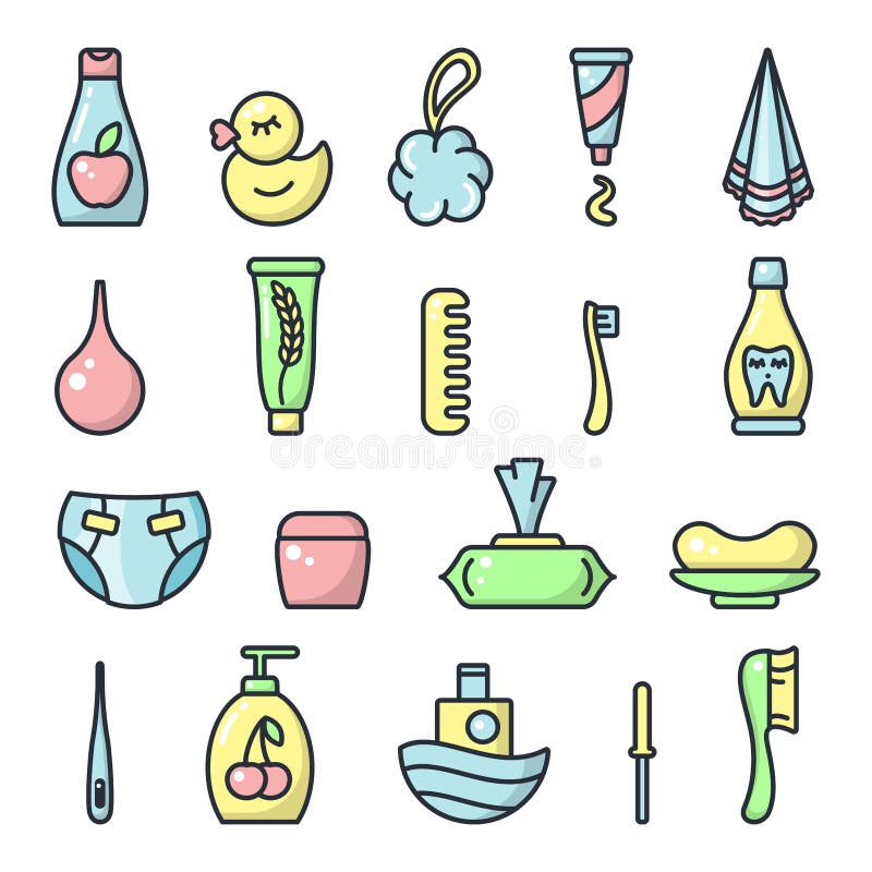 Icons set of baby hygiene accessories. Cartoon style vector illustration. Icons set of baby hygiene accessories. Cartoon style vector illustration