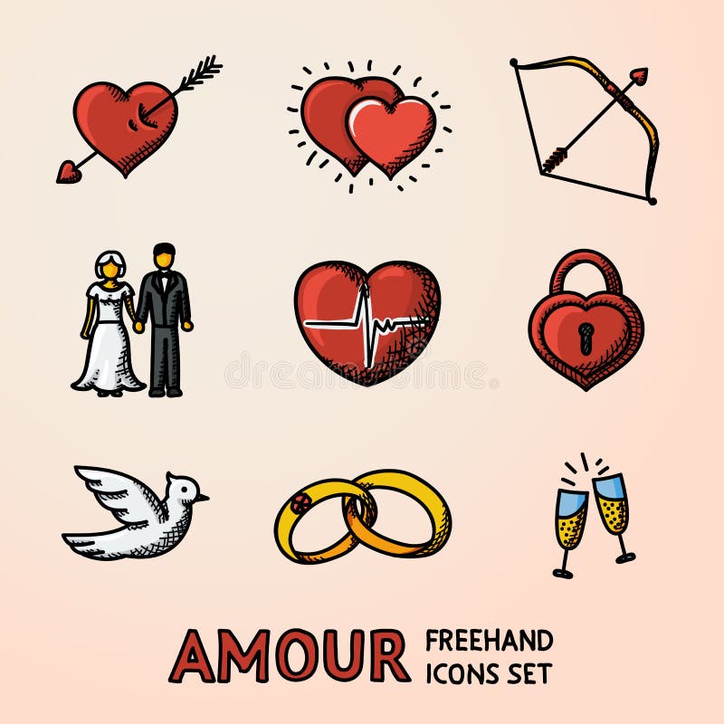 Sistema de los iconos dibujados mano con - la flecha del corazón, dos corazones, arco del cupido, par, pulso, armario, pájaro, an