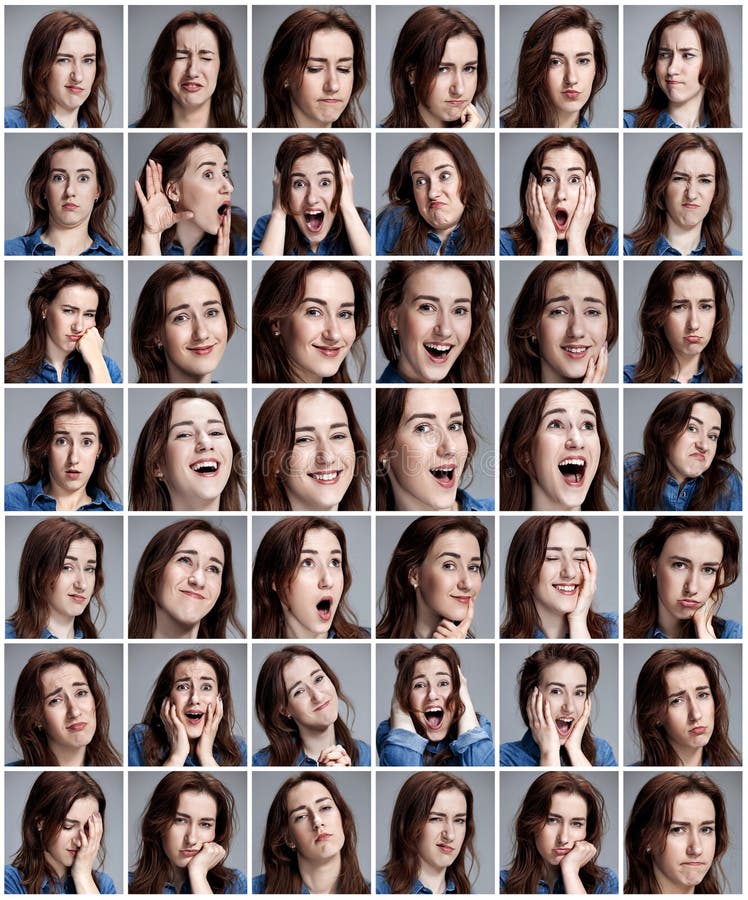 Sistema de los retratos de la mujer joven con diversas emociones