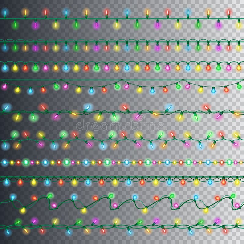 Sistema de luces de la guirnalda del color Luces de la Navidad que brillan intensamente en fondo transparente Objetos horizontale stock de ilustración Sistema de luces de la guirnalda del color Luces de la Navidad que brillan intensamente en fondo transparente Objetos horizontale stock de ilustración
