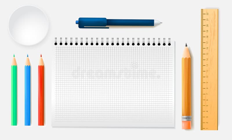 Sistema de lápices de las reglas, cuaderno del surtido de los efectos de escritorio en estilo realista Dise?o del ejemplo del vec ilustración del vector Sistema de lápices de las reglas, cuaderno del surtido de los efectos de escritorio en estilo realista Dise?o del ejemplo del vec ilustración del vector
