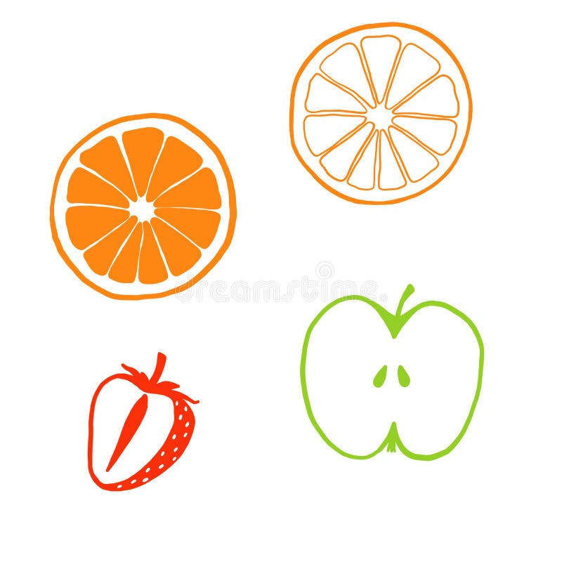 Sistema de mitades de la fruta Rebanadas de manzana, limón, naranja, pomelo, fruta de la fresa ilustración del vector Sistema de mitades de la fruta Rebanadas de manzana, limón, naranja, pomelo, fruta de la fresa ilustración del vector