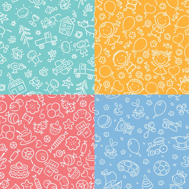 Sistema de modelos inconsútiles monocromáticos simples con los niños, dulces, juguetes stock de ilustración Sistema de modelos inconsútiles monocromáticos simples con los niños, dulces, juguetes stock de ilustración