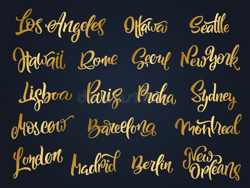 Sistema de nombres manuscritos de la ciudad caligrafía de las Mano-letras Londo stock de ilustración Sistema de nombres manuscritos de la ciudad caligrafía de las Mano-letras Londo stock de ilustración