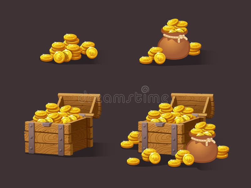 Wooden Chest set for game interface. Vector illustration. treasure of gold coins on dark background: closed, empty, chestes with golden coin.Icons cartoon coins for web. Stack,bag. Wooden Chest set for game interface. Vector illustration. treasure of gold coins on dark background: closed, empty, chestes with golden coin.Icons cartoon coins for web. Stack,bag.