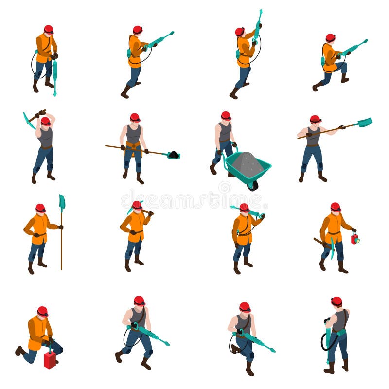 Sistema de People Isometric Icons del minero stock de ilustración Sistema de People Isometric Icons del minero stock de ilustración