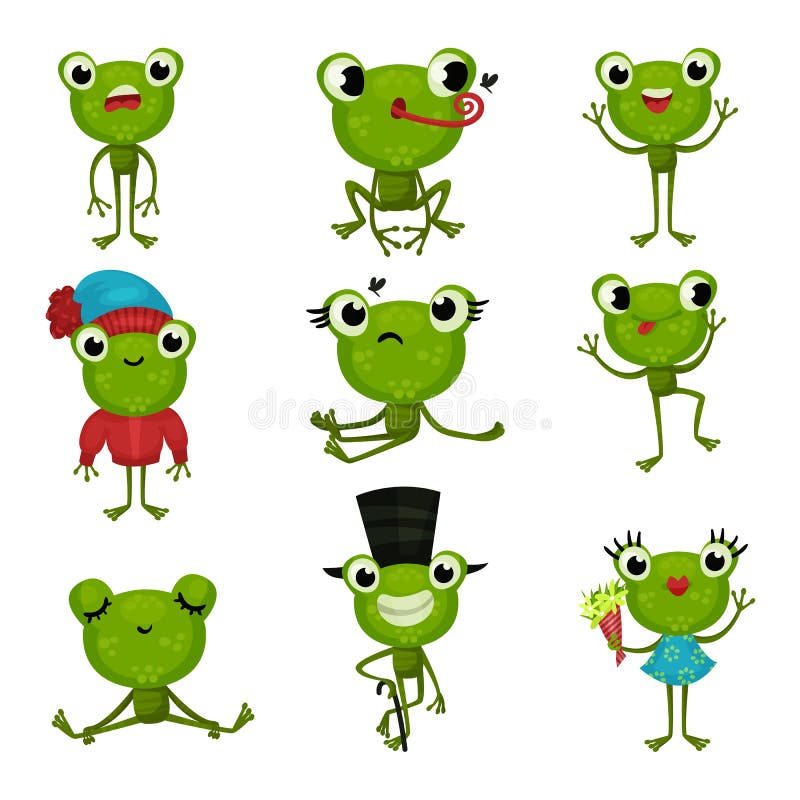 Sistema de ranas verdes en diversas actitudes y con diversas emociones Sapos humanizados divertidos Iconos planos coloridos del v libre illustration Sistema de ranas verdes en diversas actitudes y con diversas emociones Sapos humanizados divertidos Iconos planos coloridos del v libre illustration