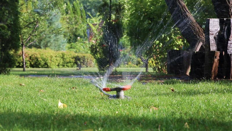 Sistema de rega automática de jardinagem paisagística com diferentes pulverizadores rotativos instalados no turfe. design paisagís