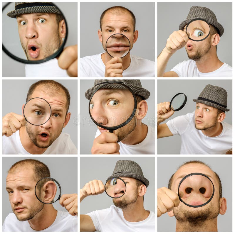 Sistema de retratos del ` s del hombre joven con diversos emociones y gestos fotografía de archivo libre de regalías Sistema de retratos del ` s del hombre joven con diversos emociones y gestos fotografía de archivo libre de regalías