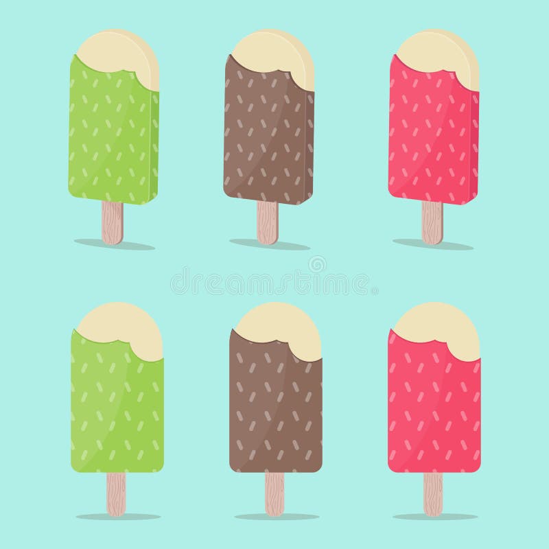 Sistema de sabores coloridos de la fresa del chocolate del limón de la vainilla del helado en el palillo de madera Diseño plano ilustración del vector