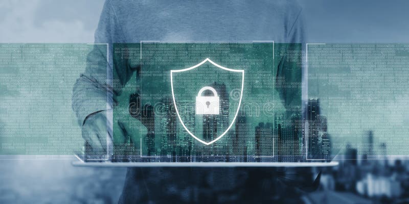 Sistema de seguridad de datos y AI en línea Tecnolog? a de inteligencia artificial un hombre usando la tableta digital con la cerr imagenes de archivo