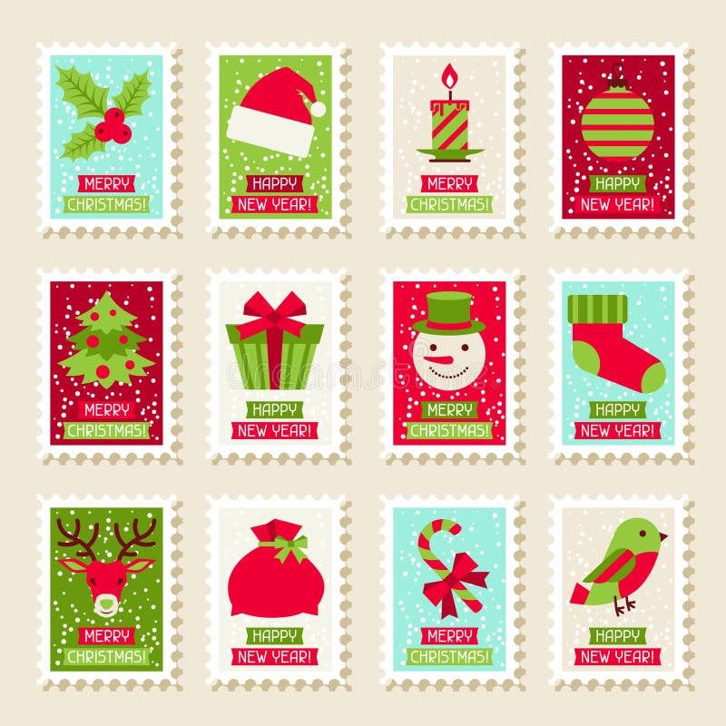 Sistema De Sellos Postales Con La Navidad Y Año Nuevo del Vector - Ilustración de nieve,