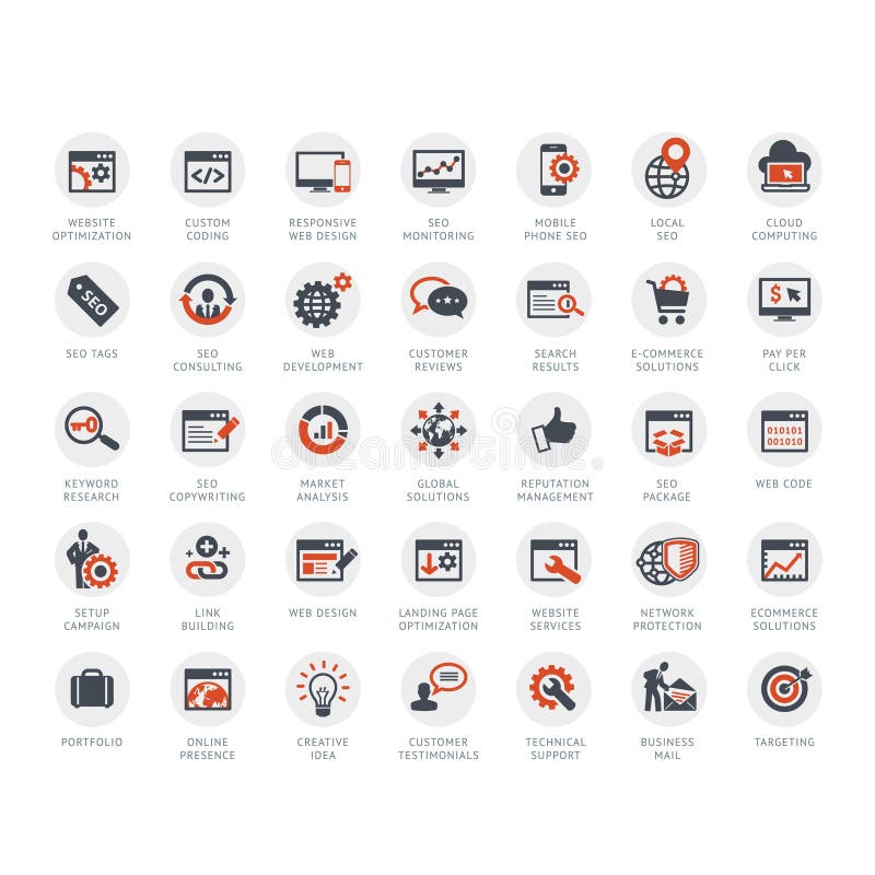 Sistema de SEO y de iconos del desarrollo ilustración del vector Sistema de SEO y de iconos del desarrollo ilustración del vector