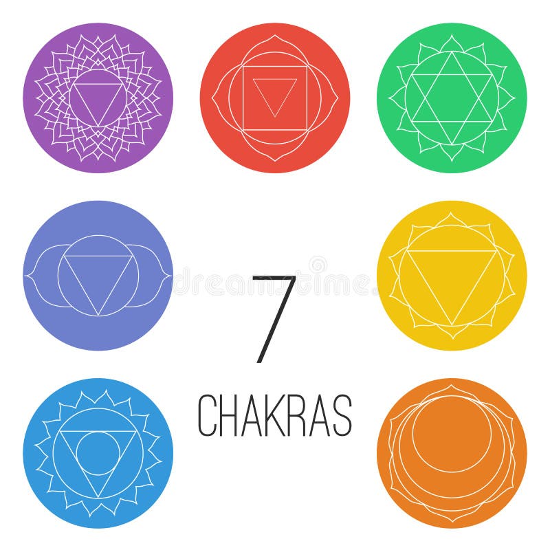 Sistema de siete chakras en las formas coloridas Ejemplo linear del carácter del Hinduismo y del budismo stock de ilustración Sistema de siete chakras en las formas coloridas Ejemplo linear del carácter del Hinduismo y del budismo stock de ilustración