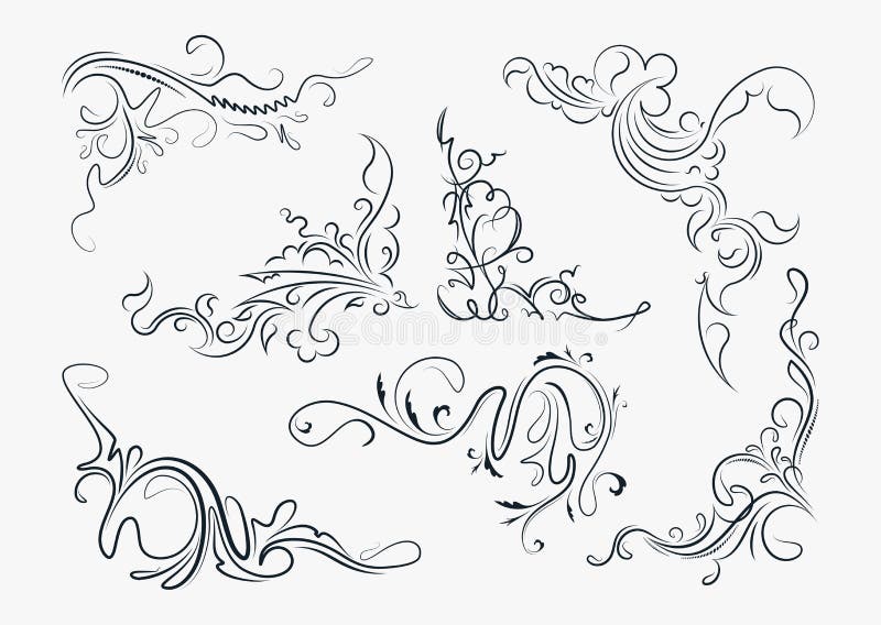 Sistema de siete elementos decorativos elegantes - esquinas del vintage para y stock de ilustración Sistema de siete elementos decorativos elegantes - esquinas del vintage para y stock de ilustración