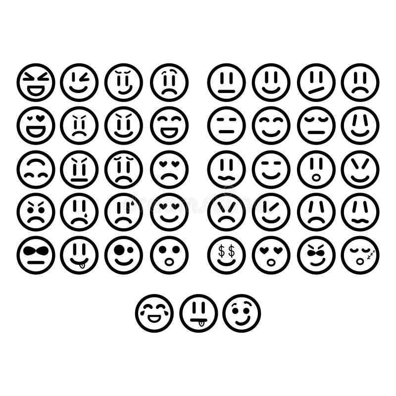 Sistema de sonrisas lineares simples con la imagen de diversas emociones Iconos redondos sin el terraplén Fije para los mensajero ilustración del vector Sistema de sonrisas lineares simples con la imagen de diversas emociones Iconos redondos sin el terraplén Fije para los mensajero ilustración del vector