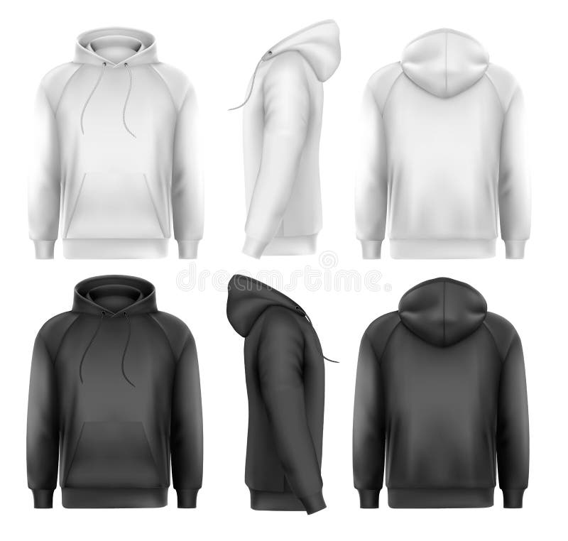 Sistema de sudaderas con capucha masculinas blancos y negros con el espacio del texto de la muestra Sistema de sudaderas con capucha masculinas blancos y negros con el espacio del texto de la muestra
