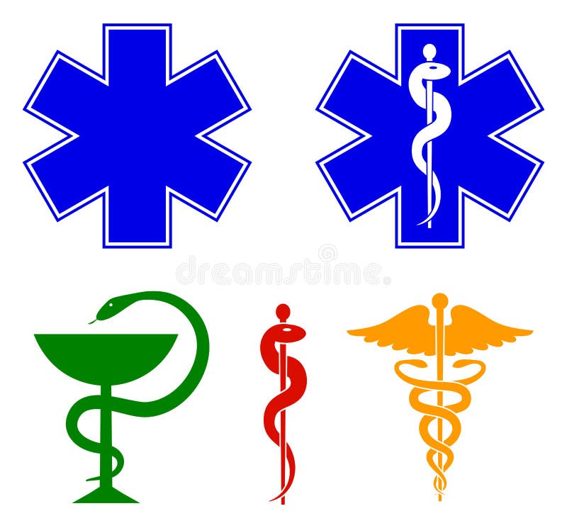 Sistema de símbolos internacional médico Estrella de la vida, personal de Asclepius, caduceo, cuenco con una serpiente Vector stock de ilustración Sistema de símbolos internacional médico Estrella de la vida, personal de Asclepius, caduceo, cuenco con una serpiente Vector stock de ilustración