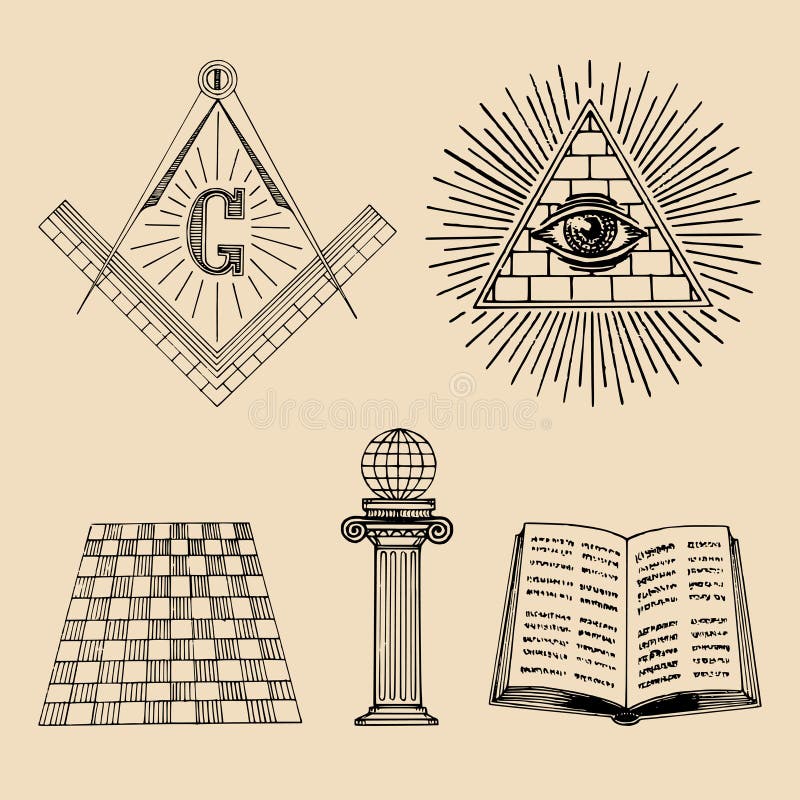 Sistema de símbolos masónico del vector Iconos sagrados de la sociedad, emblemas de la francmasonería, logotipos Colección esotér ilustración del vector Sistema de símbolos masónico del vector Iconos sagrados de la sociedad, emblemas de la francmasonería, logotipos Colección esotér ilustración del vector