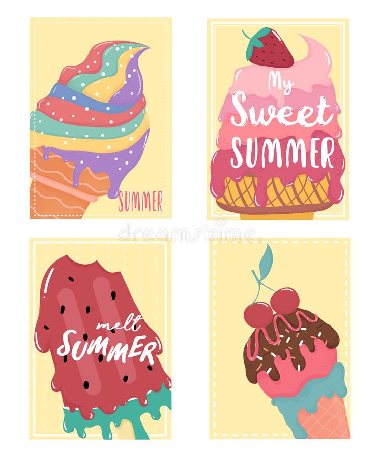 Sistema de tarjeta derretido dulce lindo de verano del helado stock de ilustración Sistema de tarjeta derretido dulce lindo de verano del helado stock de ilustración