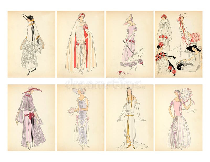 Sistema de 8 tarjetas de la placa de la moda de Art Deco Era Flapper Women ilustración del vector Sistema de 8 tarjetas de la placa de la moda de Art Deco Era Flapper Women ilustración del vector