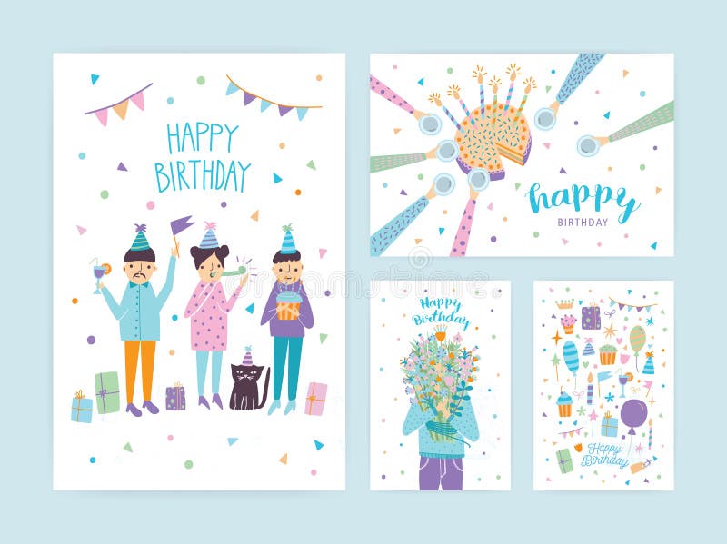Sistema de tarjetas del feliz cumpleaños Colección de postales de la historieta libre illustration Sistema de tarjetas del feliz cumpleaños Colección de postales de la historieta libre illustration