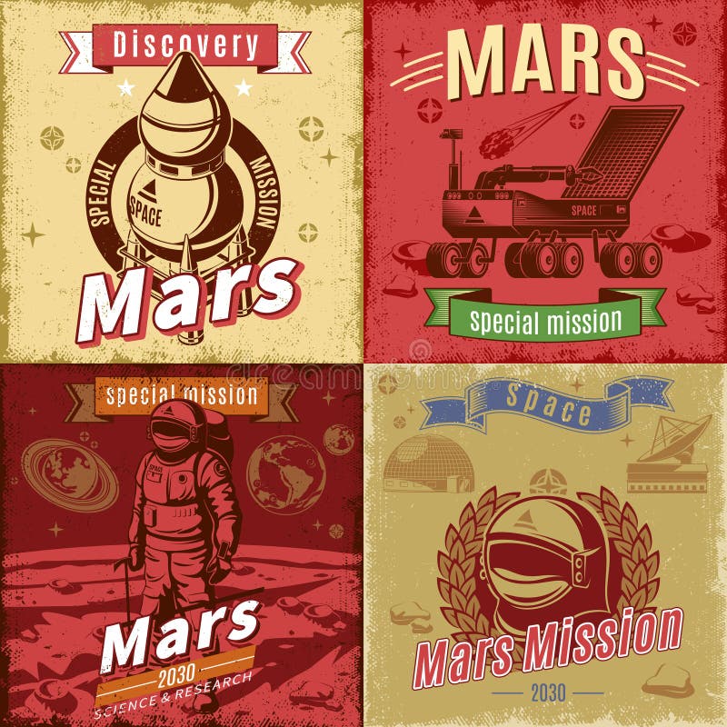 Sistema de tarjetas de la investigación del espacio coloreado del vintage ilustración del vector Sistema de tarjetas de la investigación del espacio coloreado del vintage ilustración del vector