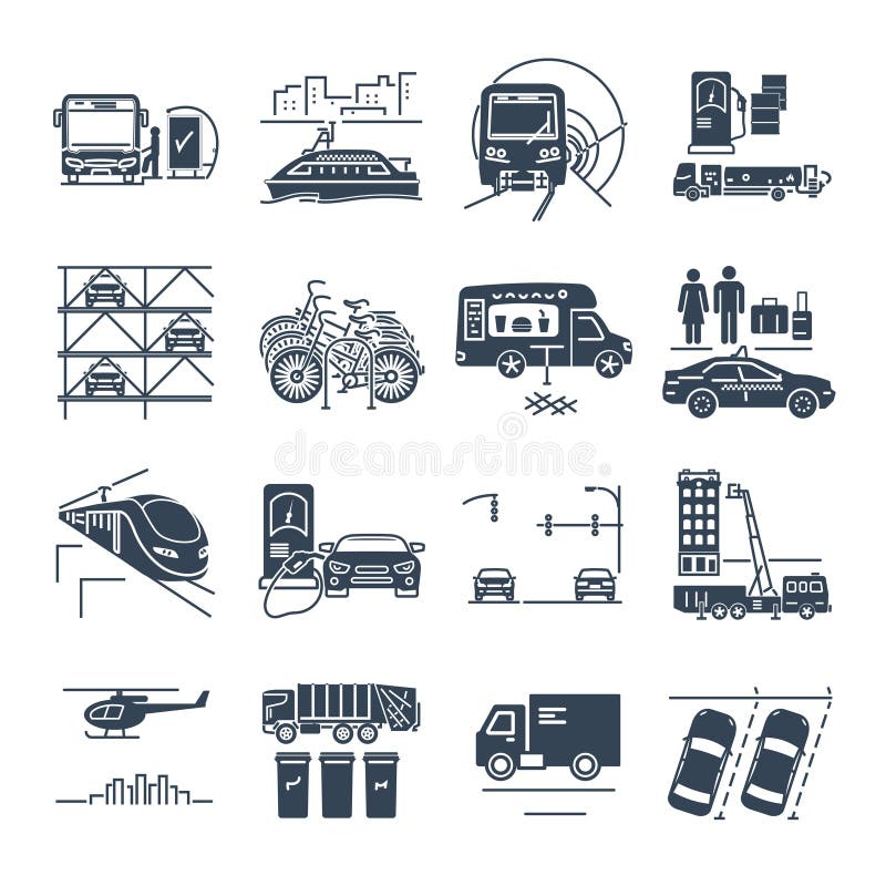 Sistema de transporte municipal de los iconos negros, servicio público libre illustration Sistema de transporte municipal de los iconos negros, servicio público libre illustration
