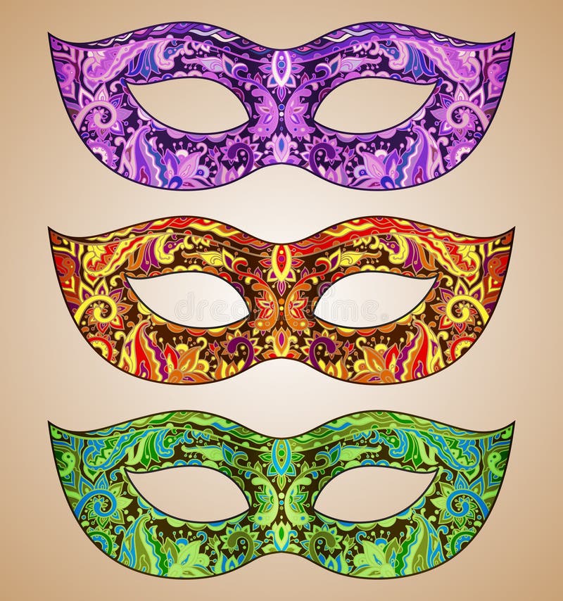 Sistema de tres máscaras venecianas florales adornadas del carnaval del vector stock de ilustración Sistema de tres máscaras venecianas florales adornadas del carnaval del vector stock de ilustración