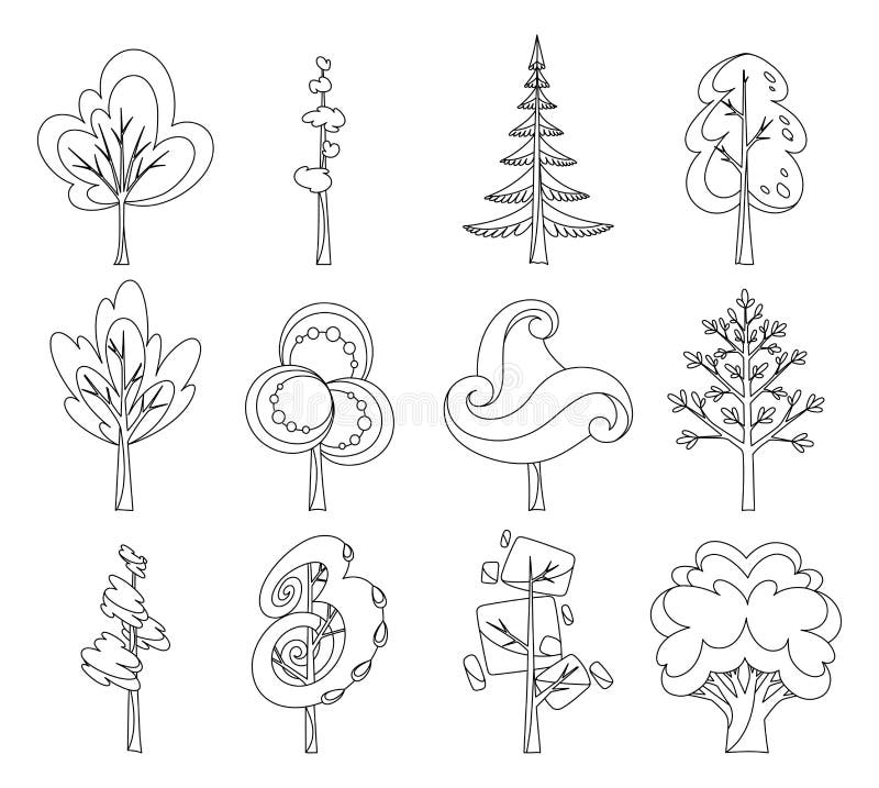 Sistema decorativo del icono de los árboles Árboles planos en un diseño plano para el libro de colorear Aislado en blanco Iconos ilustración del vector Sistema decorativo del icono de los árboles Árboles planos en un diseño plano para el libro de colorear Aislado en blanco Iconos ilustración del vector