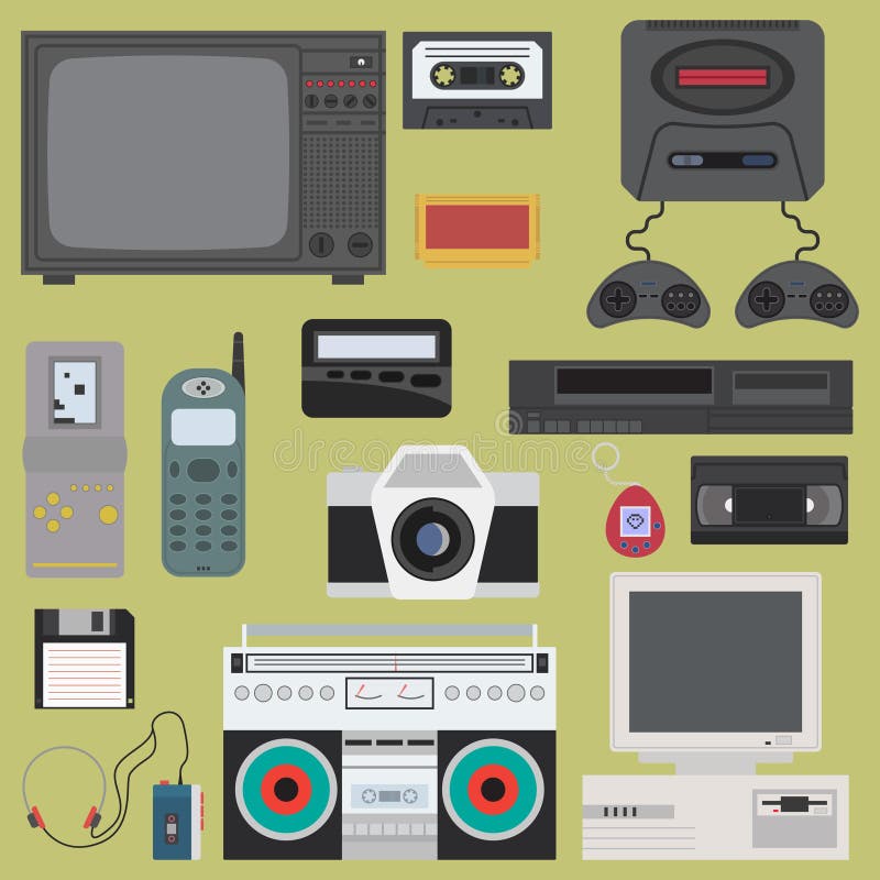 Sistema del artilugio de los iconos del color 90s, elementos del diseño estilo retro plano libre illustration Sistema del artilugio de los iconos del color 90s, elementos del diseño estilo retro plano libre illustration