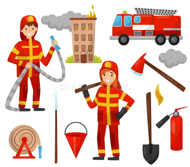 Sistema del bombero y del equipo contraincendios, camión, manguera de bomberos, boca de riego, extintor, hacha, pedazo, cubo, vec libre illustration Sistema del bombero y del equipo contraincendios, camión, manguera de bomberos, boca de riego, extintor, hacha, pedazo, cubo, vec libre illustration