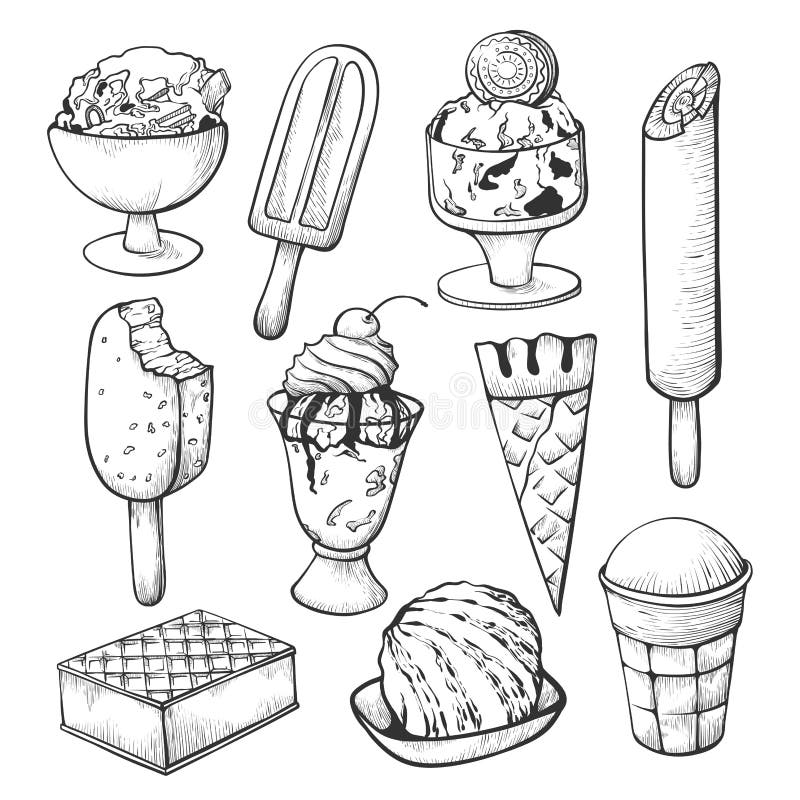 Sistema del bosquejo del helado para la decoración de la tienda o del café stock de ilustración Sistema del bosquejo del helado para la decoración de la tienda o del café stock de ilustración